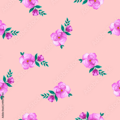 Little watercolor hand drawn pink roses with green leaves as summer floral seamless pattern on pink background. Small aquarelle flowers as web design element