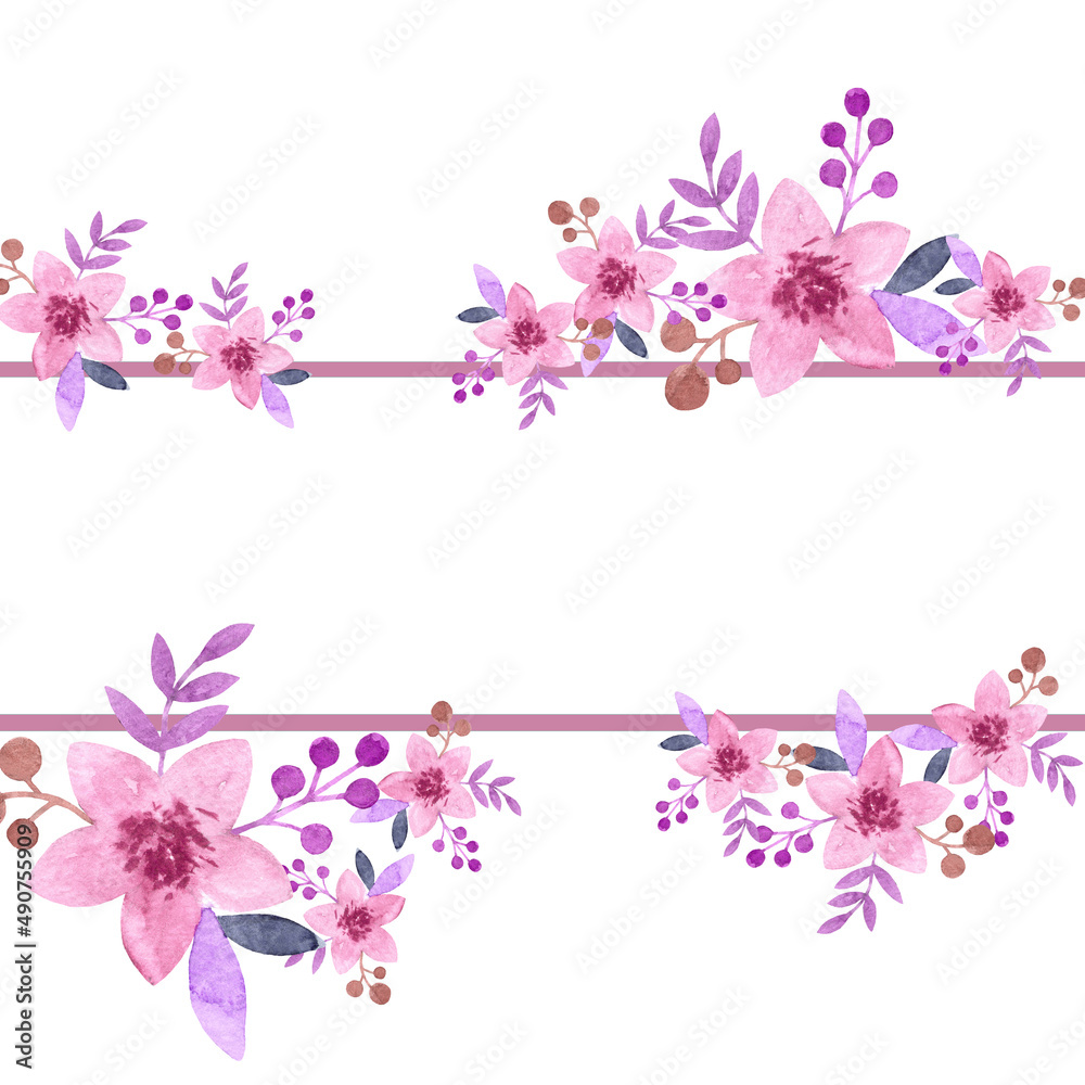 Small hand drawn flowers as border for design.Rectangle copy space with pink flowers on white background for print Small hand drawn flowers as border for design.Rectangle copy space with pink flowers on white background for print