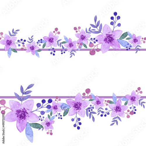 Purple watercolor hand illustrated flowers as floral frame with blank place for text.Rectangle copy space with purple flowers isolated on white background