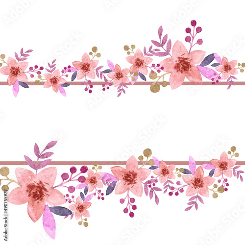 Design element made of watercolor hand illustrated tiny red flowers isolated on white background with rectangle copy space © Sunny_Smile