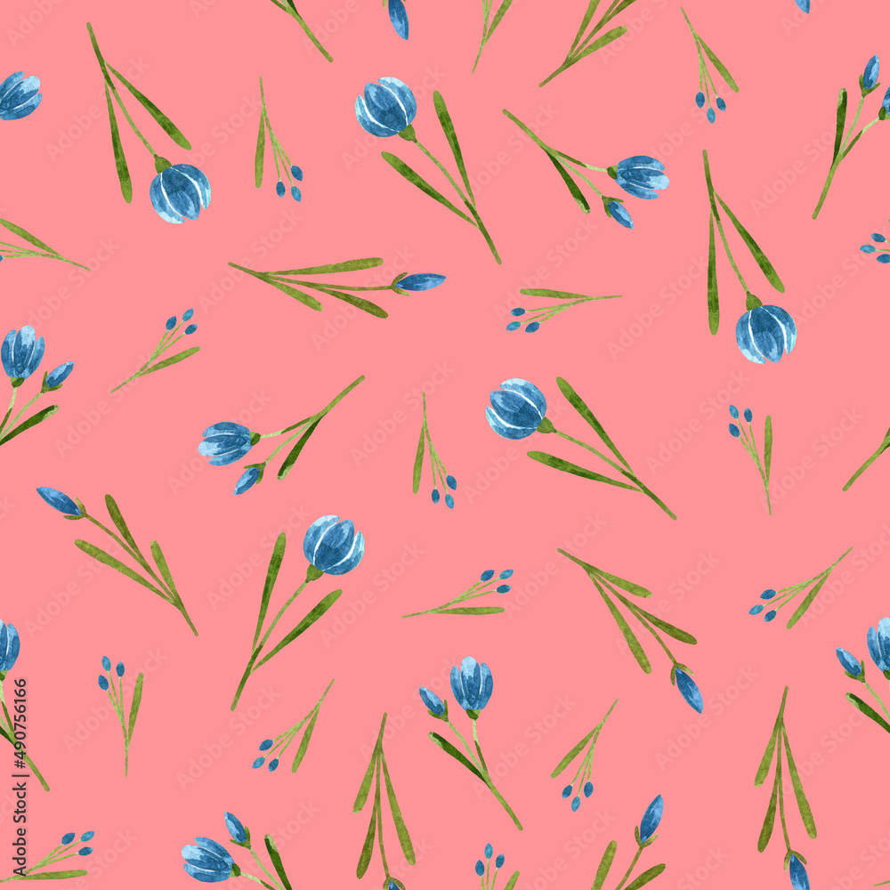 Fototapeta premium Seamless pattern made of tiny light blue flowers around on a pink background. Design for invitation, wedding or greeting cards