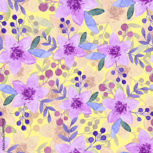 Watercolor seamless pattern made of five petals pink flowers on pale yellow background