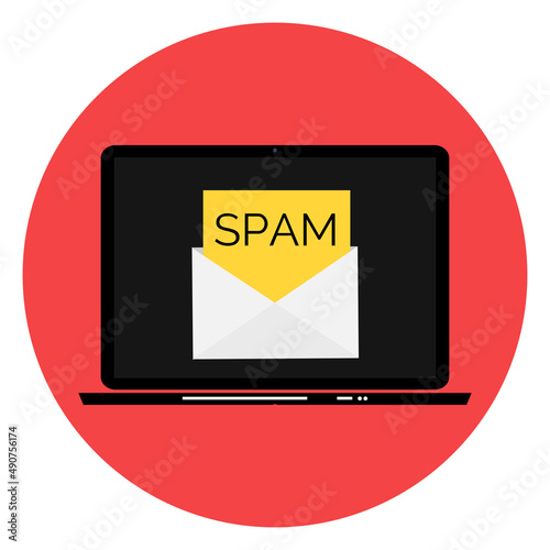 Envelope with spam. Spam Email Warning Window On Laptop Screen. Illustration.