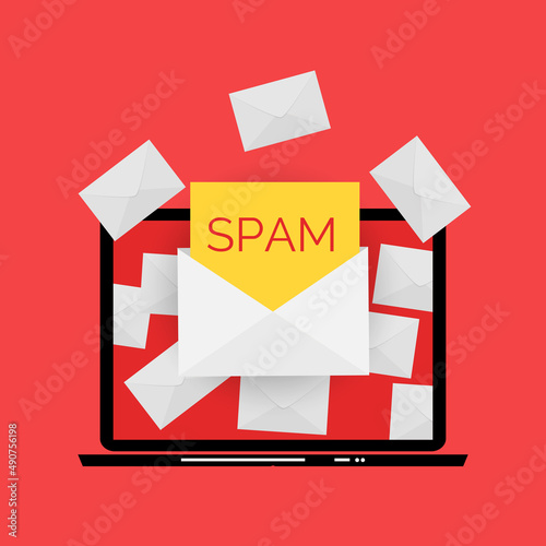 Envelope with spam. Spam Email Warning Window On Laptop Screen. Illustration.