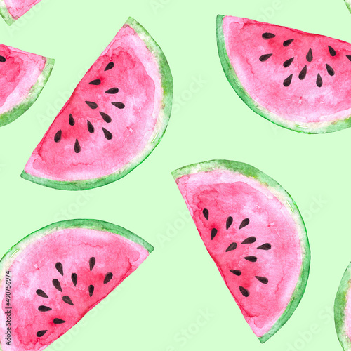 Hand drawn watercolor seamless pattern with a lot of watermelon slices. Sliced pink watercolor watermelon as design element for printing textile or wrapping paper