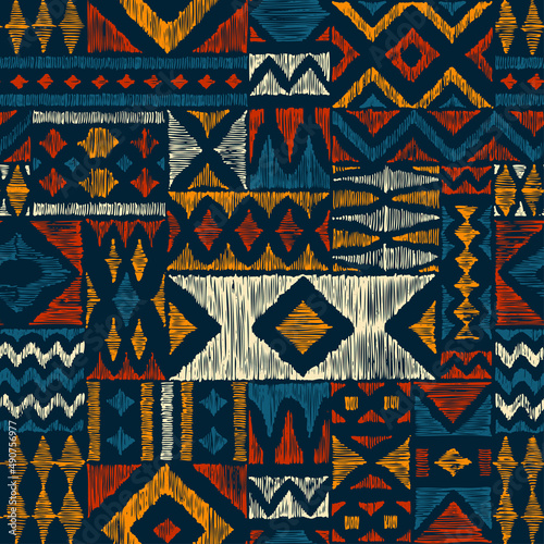 Seamless geometric pattern. Ethnic and tribal motifs. Bohemian style print. Patchwork ornament. Vector illustration.