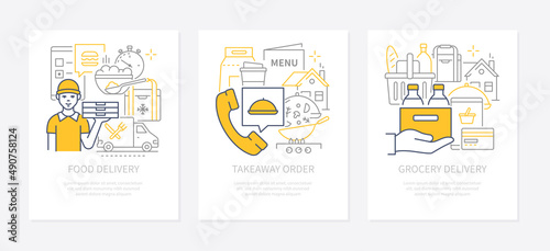Food delivery - modern line design style banners set