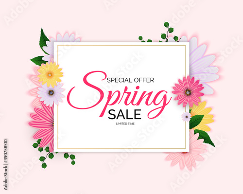 Promotion offer, card for spring sale season with spring plants, leaves and f...
