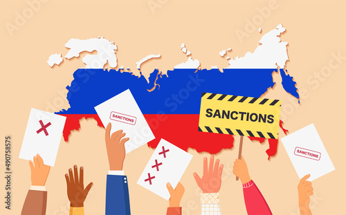 Sanctions against the Russian Federation. Human diverse multinational hands with posters protesting for imposition of sanctions on Russia. Map of Russia and  yellow plates with restrictions.