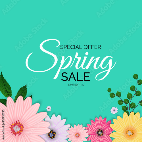 Promotion offer, card for spring sale season with spring plants, leaves and f...