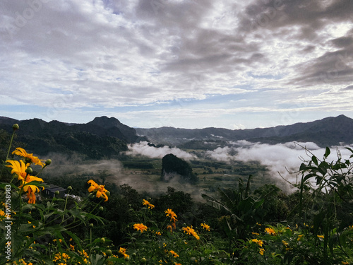 Pha Chang Noi with fog at Phu Langka Forest Park , Phayao, Thailand. Famous mountain in Thailand.