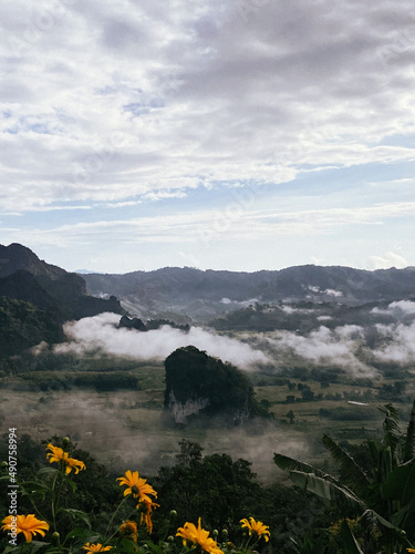 Pha Chang Noi with fog at Phu Langka Forest Park , Phayao, Thailand. Famous mountain in Thailand.
