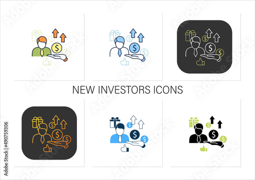 New investors icons set. Creating new investors generation. High quality worker. Profitable business. Universal basic income concept. Isolated vector illustration on chalkboard