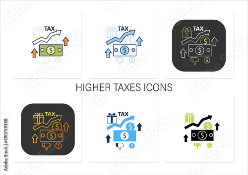 Higher taxes icons set. Higher percentage. Tax fee growth.Universal basic income concept.Collection of icons in linear, filled, color styles.Isolated vector illustrations