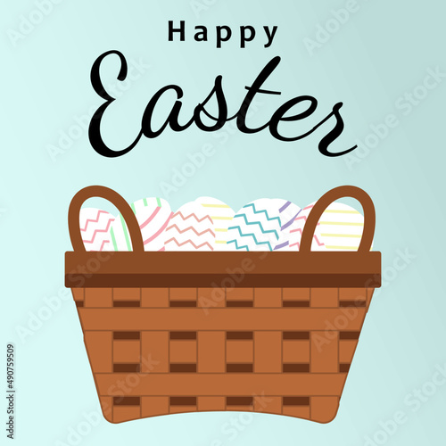illustration of brown basket of eggs with blue background, happy easter 