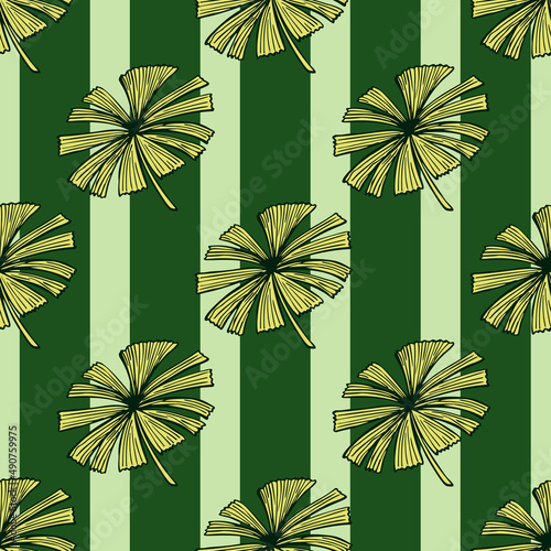 Fan palm leaves seamless pattern on. Vintage foliage of palmetto in engraving style.