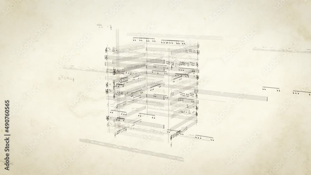 Vintage atmospheric musical background with retro stylized notes on old paper Motion background seamless loop. Moving smoothly across sheet.
