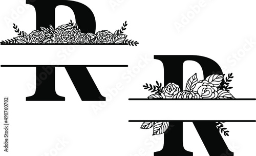 Family floral split monogram. Latin letter R with rose composition on white background