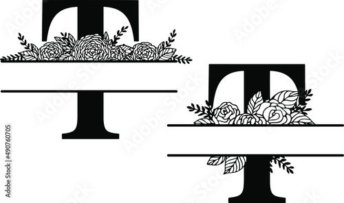 Family floral split monogram. Latin letter T with rose composition on white background