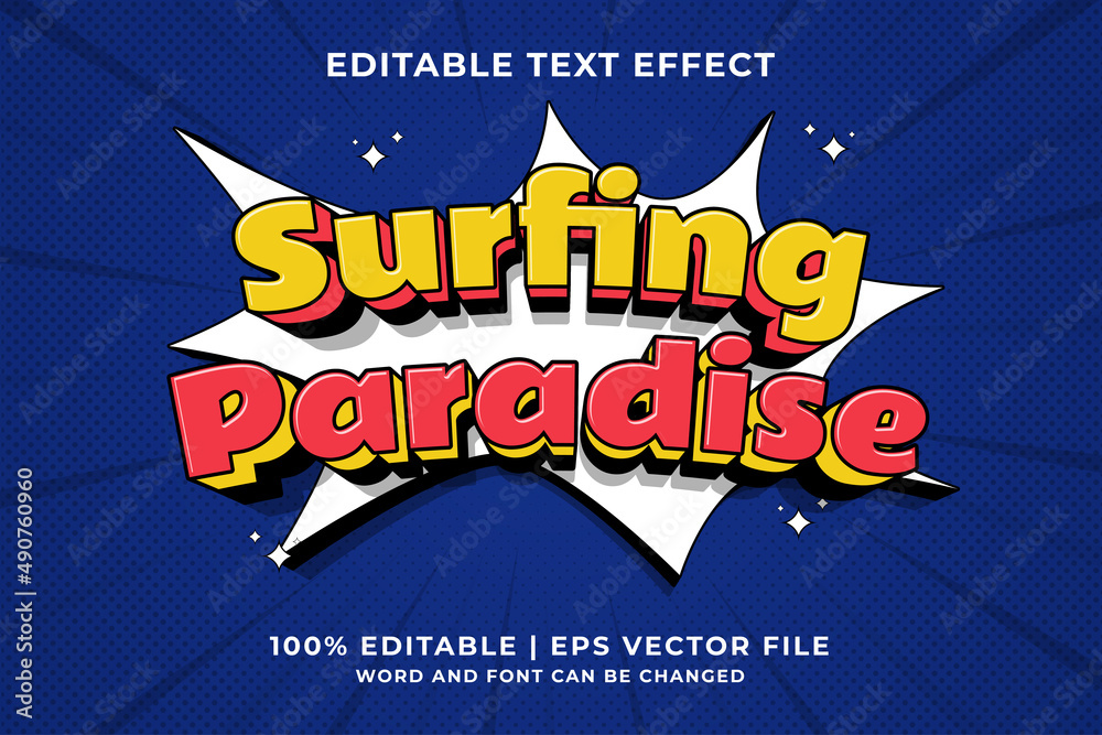 Obraz premium Editable text effect Surfing Paradise 3d Traditional Cartoon template style premium vector
