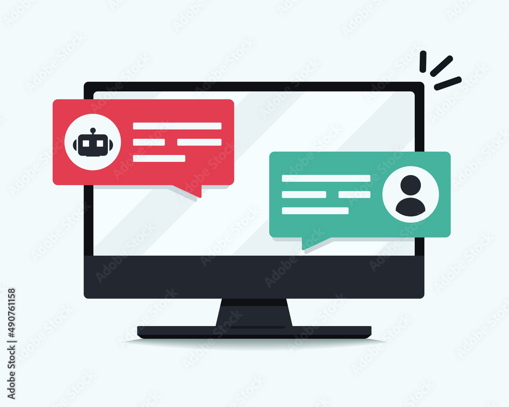 Chat bot messages notification on computer. Online talking, speak, conversation, dialog concept. Vector illustration Chat bot messages notification on computer. Online talking, speak, conversation, dialog concept. Vector illustration