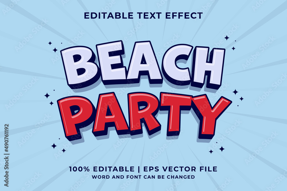 Editable text effect Beach Party 3d Traditional Cartoon template style premium vector
