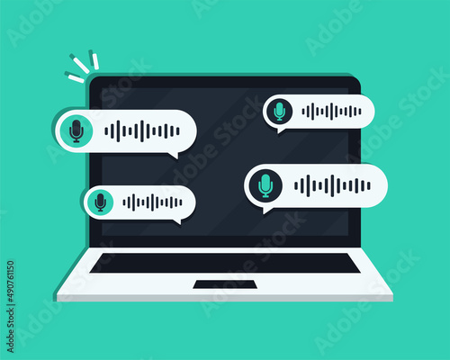 Voice notes. computer laptop with voice messages bubbles. Vector illustration