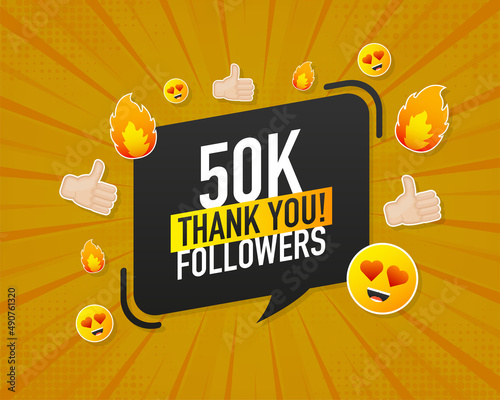 Thank you 50000 followers on yellow background. White background. Vector design. Flat design. Social media