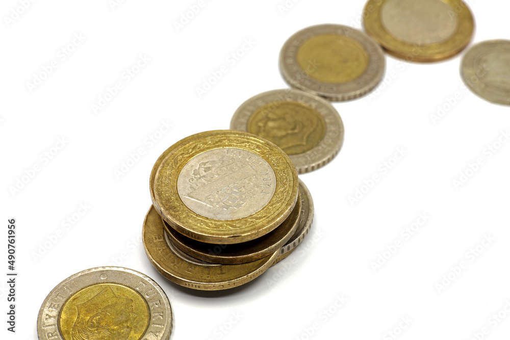 close-up Turkish coins isolated on white background close-up Turkish coins isolated on white background