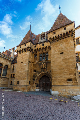 Old medieval stone gated entrance with towers