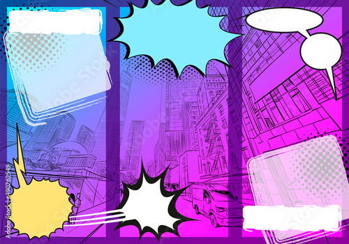 Comic book layout template,speech bubbles on a city backgrounds. Design industry for posters, placards,banners, flyers. Hand drawn illustration.