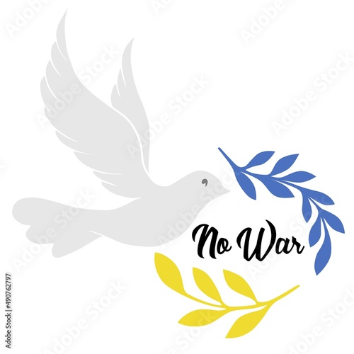 No war. Dove bird with olive branch.