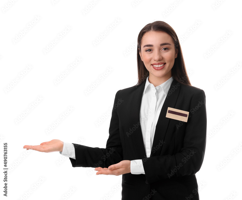 Portrait of happy young receptionist in uniform on white background Portrait of happy young receptionist in uniform on white background