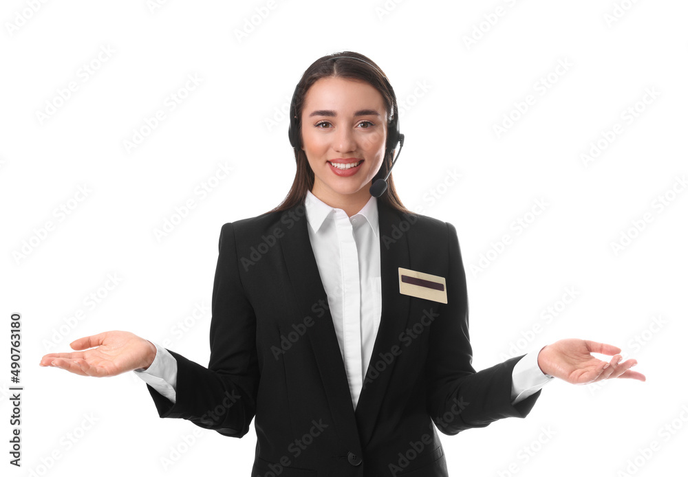 Portrait of receptionist with headset on white background Portrait of receptionist with headset on white background