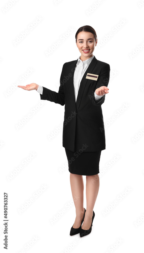 Full length portrait of happy young receptionist in uniform on white background Full length portrait of happy young receptionist in uniform on white background
