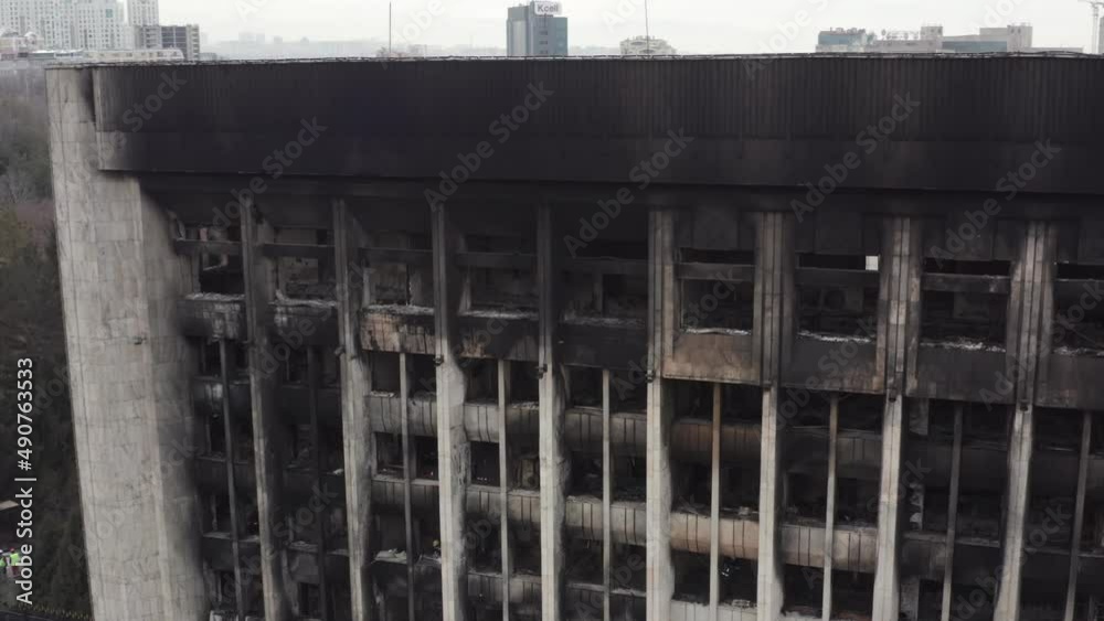 The burnt building of the city administration after the protests in Almaty. The city hall after the terrorist attack. Aerial footage. The burnt building of the city administration after the protests in Almaty. The city hall after the terrorist attack. Aerial footage.