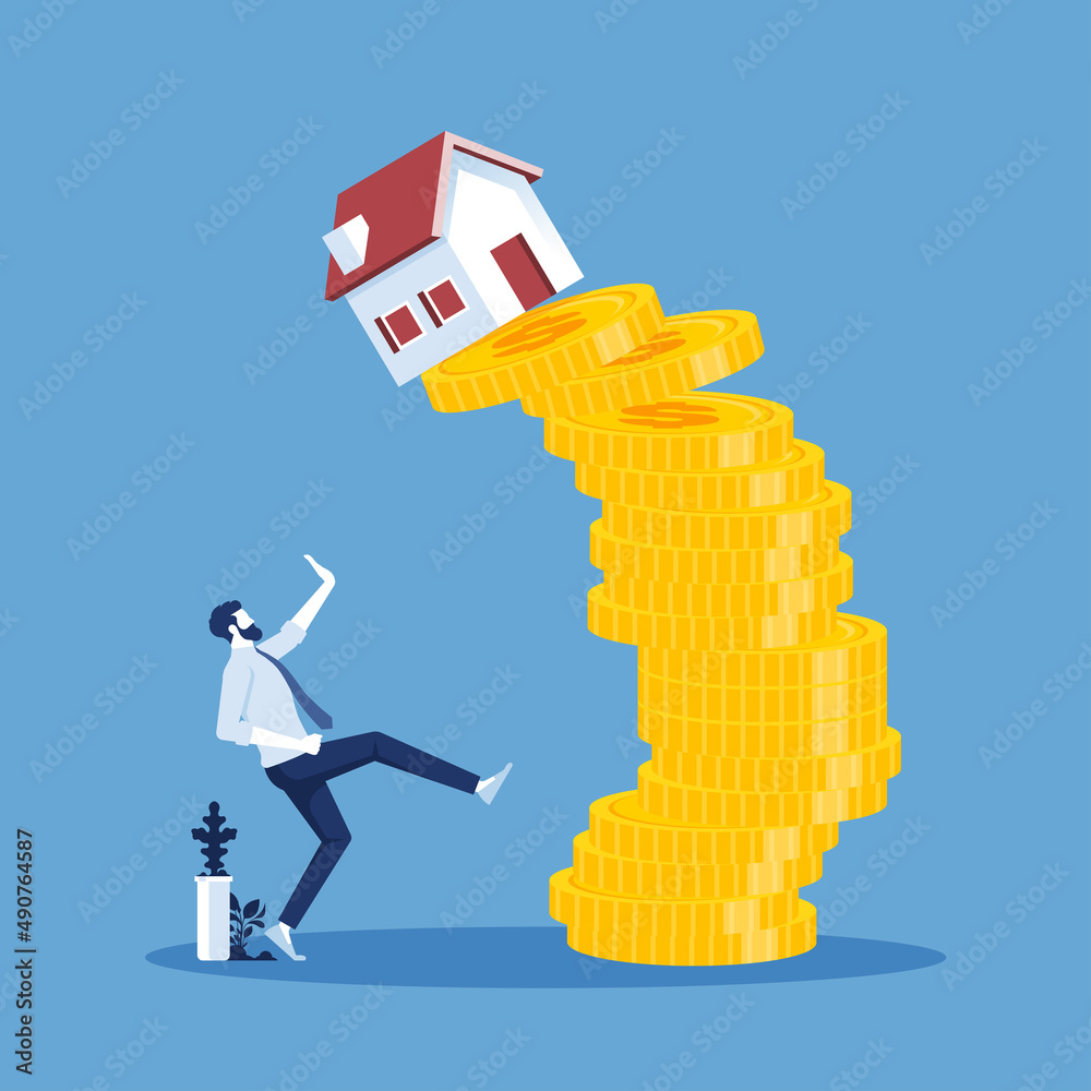 Businessman under falling house and coins, real estate investing concept Businessman under falling house and coins, real estate investing concept