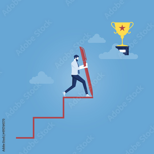 Businessman use pencil to create his own stair to success, business success vector concept
