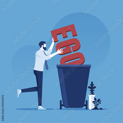 Businessman throw his ego into the trash, stop ego concept