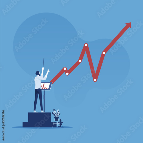 Businessman performance control profit arrow like a music conductor, business growth vector concept