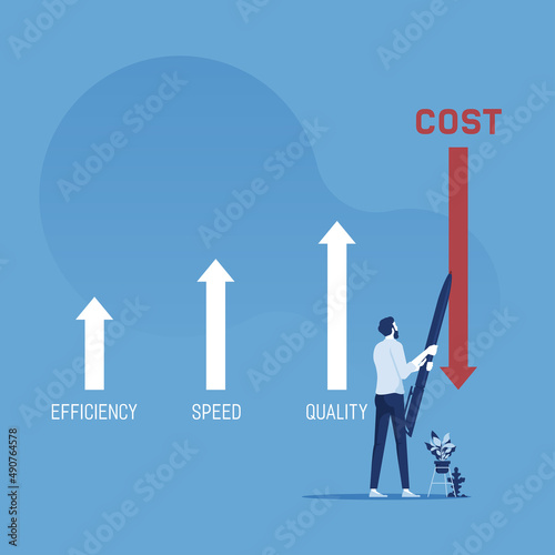 Businessman drawing arrow lines decrease cost compare with increase efficiency, speed, and quality, cost reduction management vector concept
