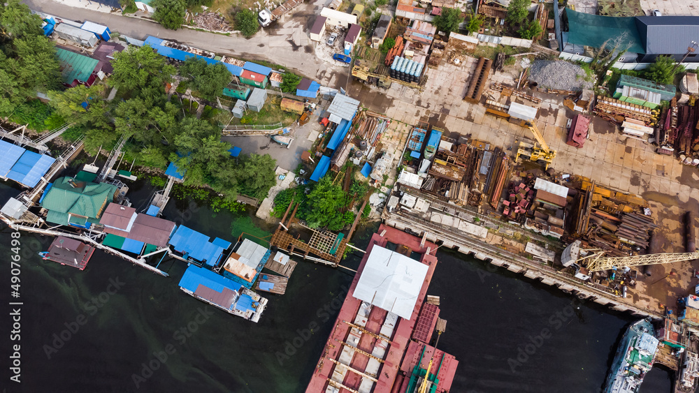 Fototapeta premium Small river port with industrial Construction work.
