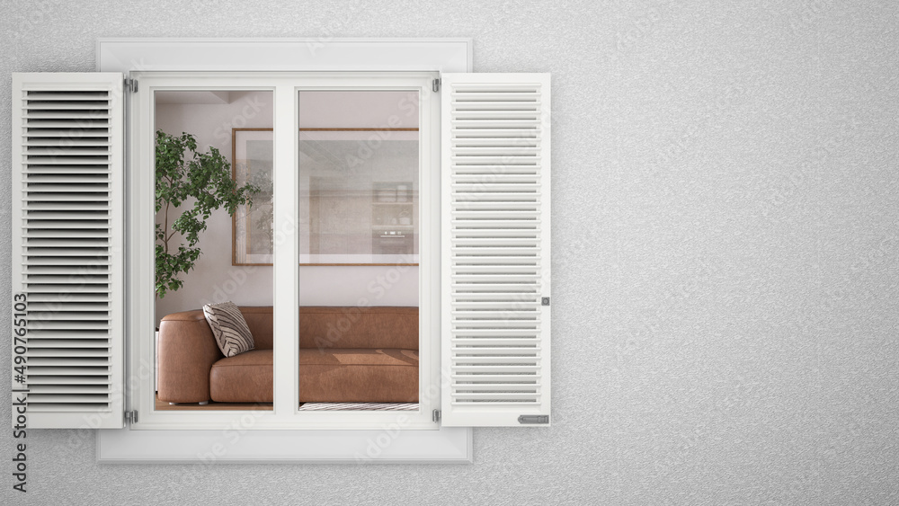 Exterior plaster wall with white window with shutters, showing interior living room with sofa, blank background with copy space, architecture design concept idea, mockup template Exterior plaster wall with white window with shutters, showing interior living room with sofa, blank background with copy space, architecture design concept idea, mockup template
