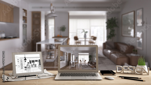 Architect designer desktop concept, laptop and tablet on wooden desk with screen showing interior design project and CAD sketch, modern living room with sofa and kitchen