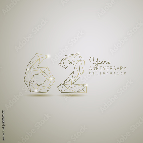 62 years anniversary logotype with gold wireframe low poly style. Vector Template Design Illustration.