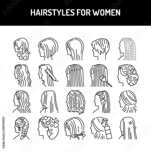 Hairstyles for women color line icons set. Pictograms for web page