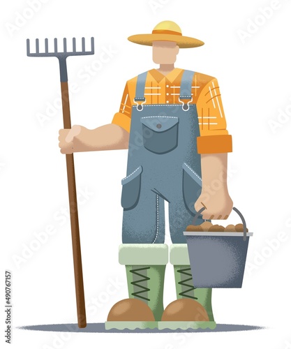 Farmer, flat design, farmer with a bucket of potatoes and a rake, getting ready for spring planting