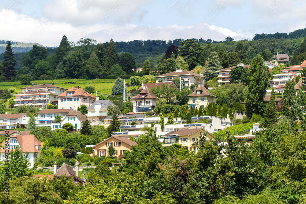 Houses on a green hillside