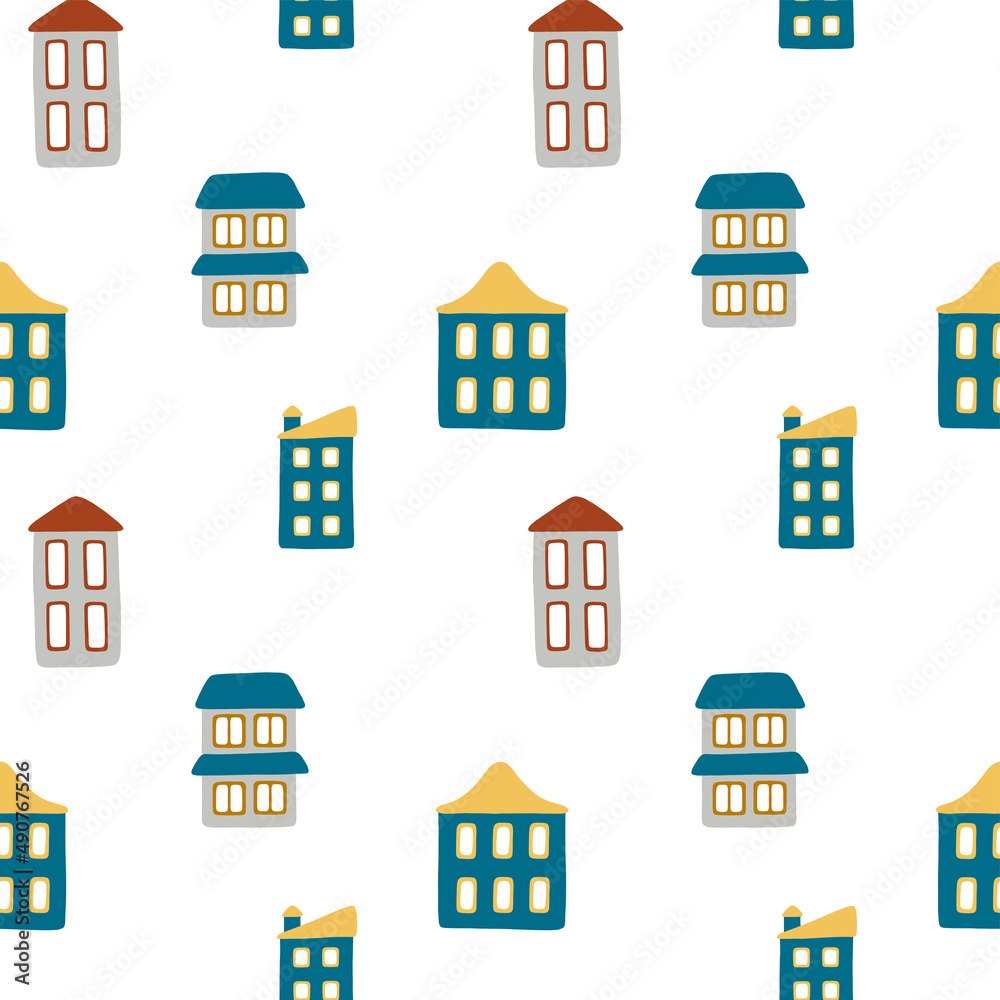 Vector seamless pattern with small cartoon houses on white background. Cute illustration for wallpaper, wrapping paper, background, fabric, textile.