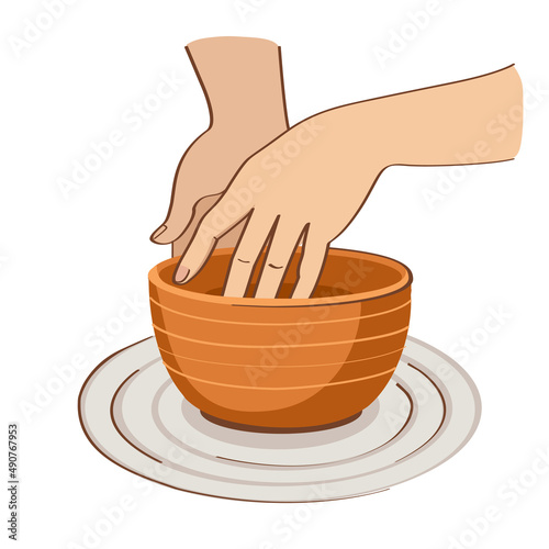 Pottery wheel. Pottery workshop. The potter is making a pot. 